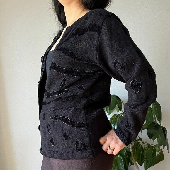 vtg black beaded long sleeve cardigan sweater designer Jack B quick Medium - Picture 6 of 8